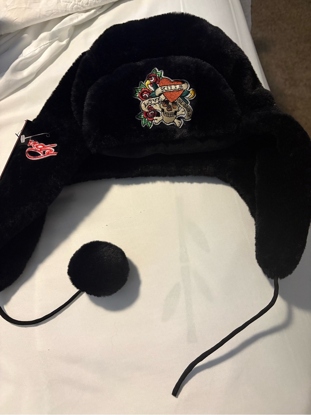 Ed Hardy Black Faux Fur Kids Earflap Hat with Colorful Skull Patch